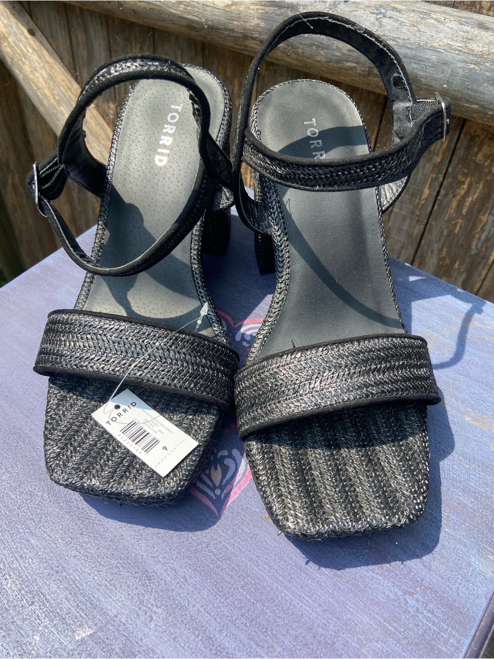 Torrid Black Raffia Woven Block Platform Heel Ankle-Strap Sandals